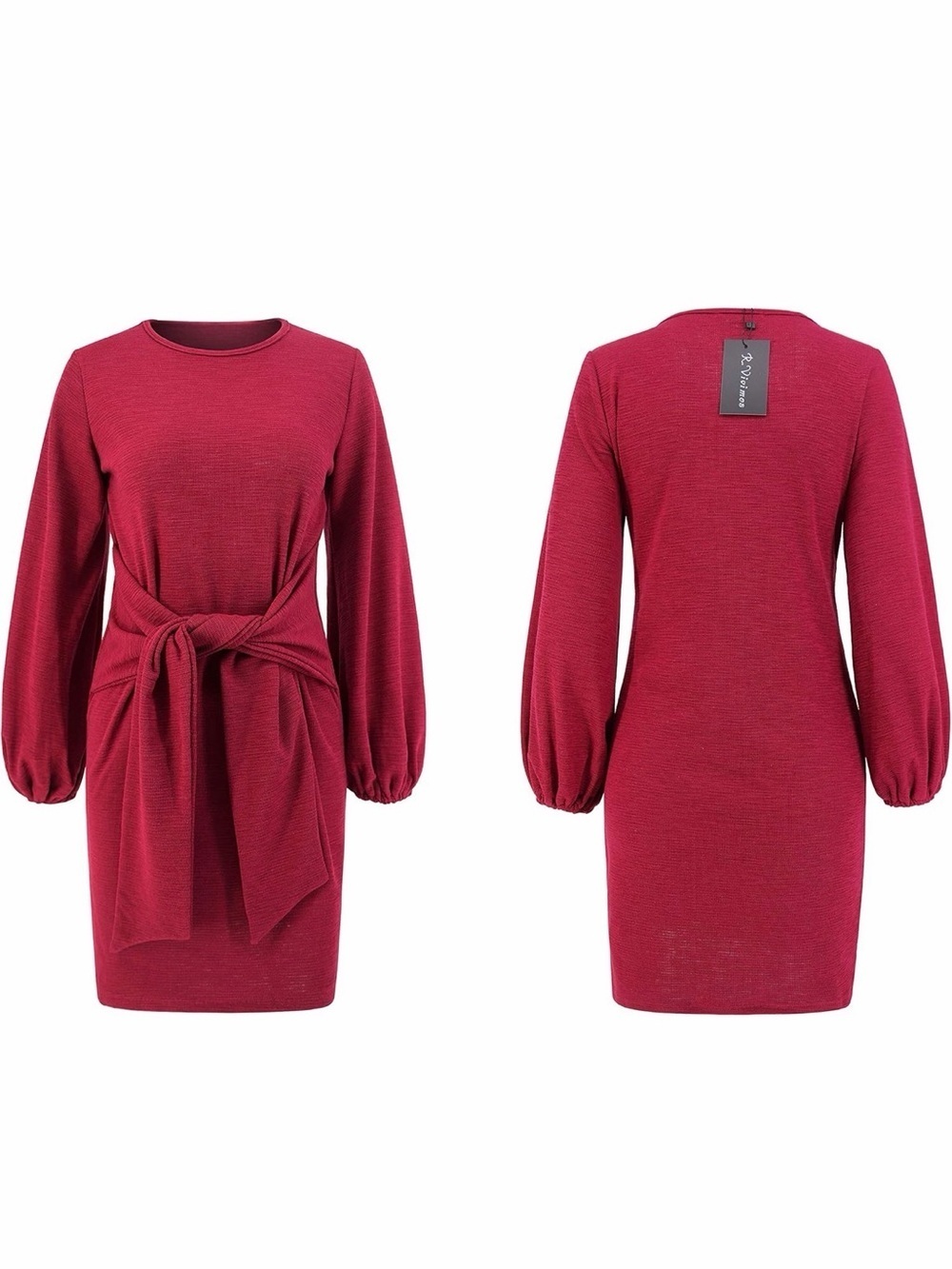 Knitted Bodycon Tie Waist Pencil Dress - Wine Red